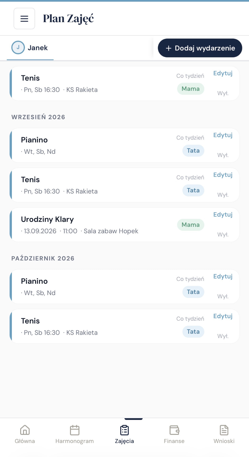 Zajęcia i wydarzenia dziecka w duoNest