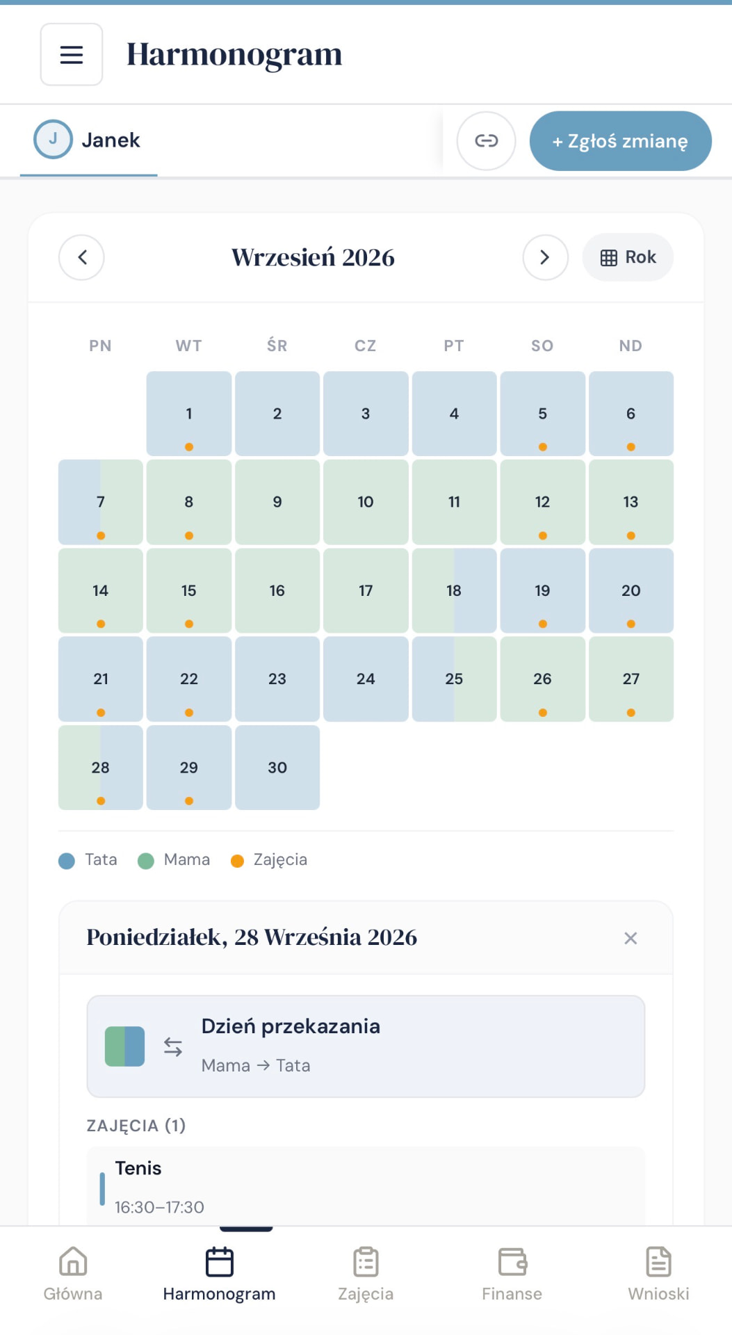 Roczny grafik opieki nad dzieckiem w aplikacji duoNest na telefonie